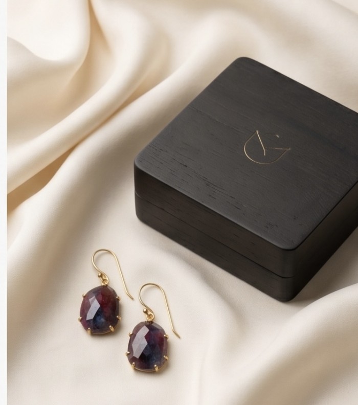 Bella Rosa Genuine 15.8 carat Ruby .925 Sterling Silver dipped in Gold Statement brilliantly handcrafted earrings - Earrings with box on satin fabric, featuring faceted rubies.