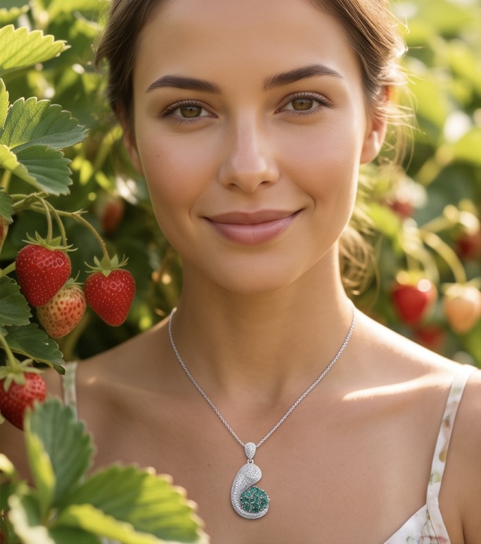 Heirloom Genuine 8.5 carat Emerald .925 Sterling Silver dipped in rhodium handmade Pendant - Woman wearing Heirloom Emerald Necklace in a strawberry field close-up.