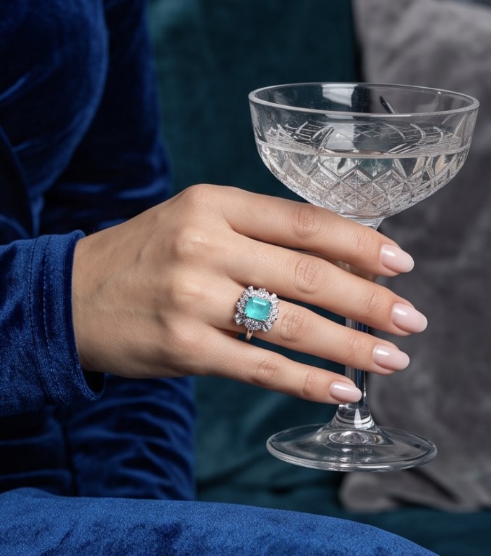 Julia asscher cut 5.8 carat Colombian Emerald 4.2 carat Moissanite .925 Sterling Silver dipped in Rhodium handcrafted Ring size 6 1/4 - Emerald ring on hand holding crystal glass, showcasing the stone.