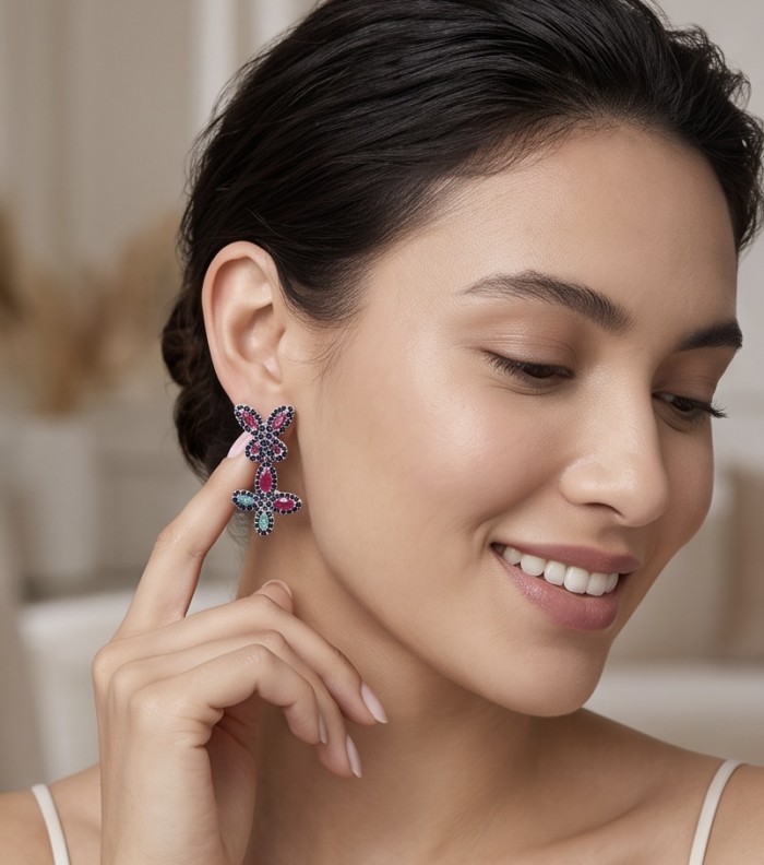 RARE BEAUTY! Valentina 28.2 carat Ruby Emerald Sapphire .925 Sterling Silver dipped in rhodium Statement handcrafted earrings - Woman wearing ruby emerald sapphire earrings, side profile view.