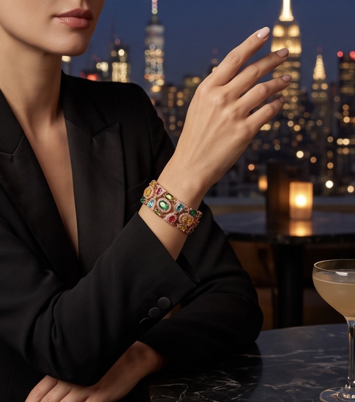 Tutti Frutti 28.5 CARAT MULTIGEM 18K Rose Gold over .925 Sterling Silver brilliantly handcrafted Bracelet - Worn on hand, frontal view of Tutti Frutti multigem bracelet against skyline.