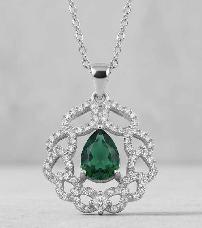 Giovanna - Authentic 4.8 carat COLOMBIAN EMERALD .925 Sterling Silver dipped in rhodium handcrafted pendant - Front view of emerald pendant with intricate diamond detailing.