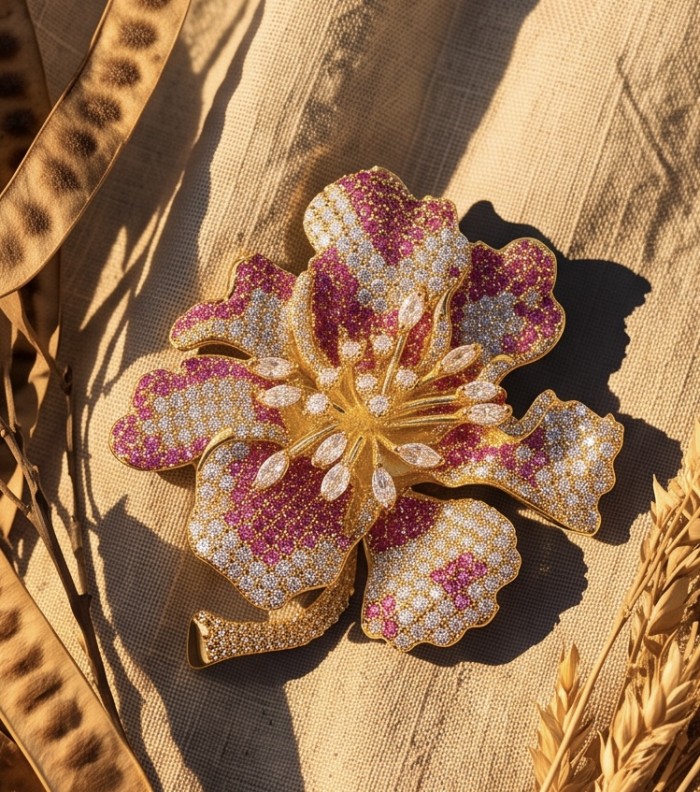 Heirloom Genuine 8.7 carat Kasmir Ruby .925 Sterling Silver dipped in 18k Gold handmade Pendant - Brooch - Floral brooch with rubies and diamonds, top view on fabric background.