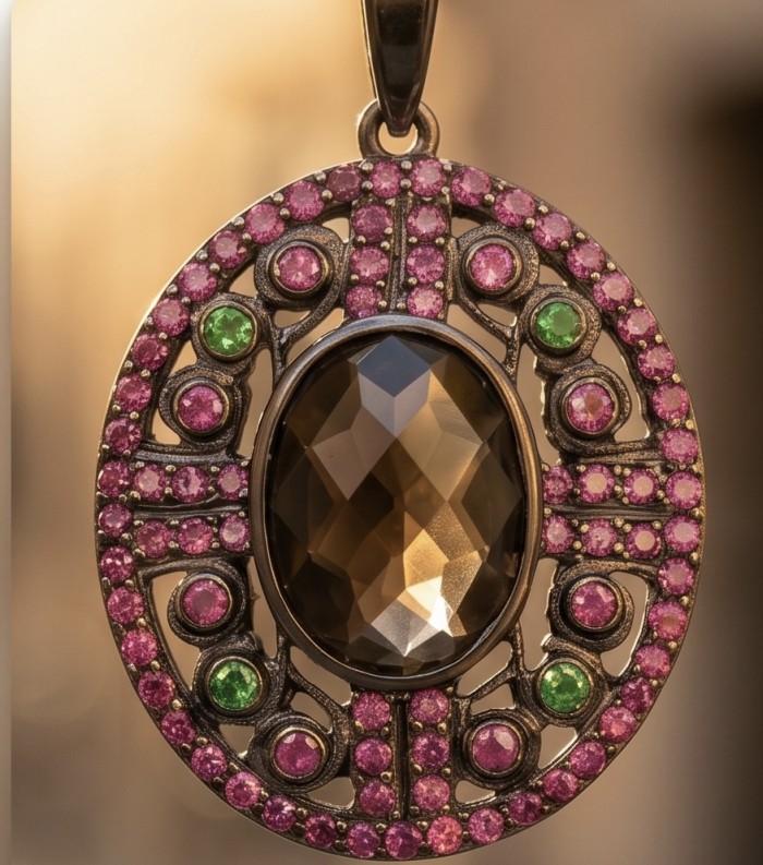 Authentic 9.5 carat carved Smoky Topaz black rhodium over .925 Sterling Silver handmade Statement Pendant - Close-up of pendant with smoky topaz and colorful gemstones.