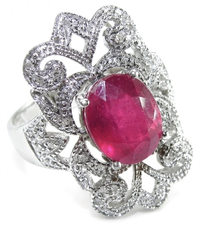 Bella Rosa Genuine 5.5 CARAT Ruby rhodium over .925 Sterling Silver Statement Ring size 6 1/4 - Close-up of Bella Rosa 5.5 carat ruby ring with rhodium over sterling silver.