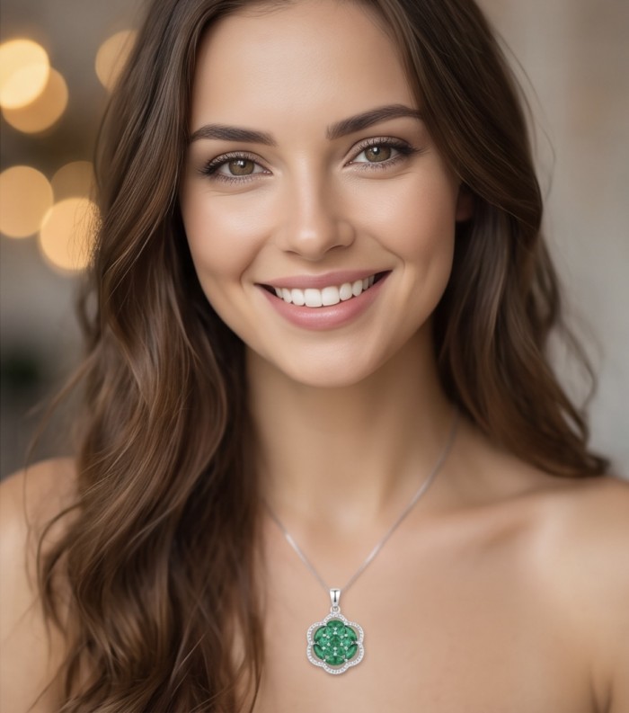 Authentic 5.5 CARAT Chrome Diopside .925 Sterling Silver Pendant - Woman wearing a chrome diopside necklace, front view.
