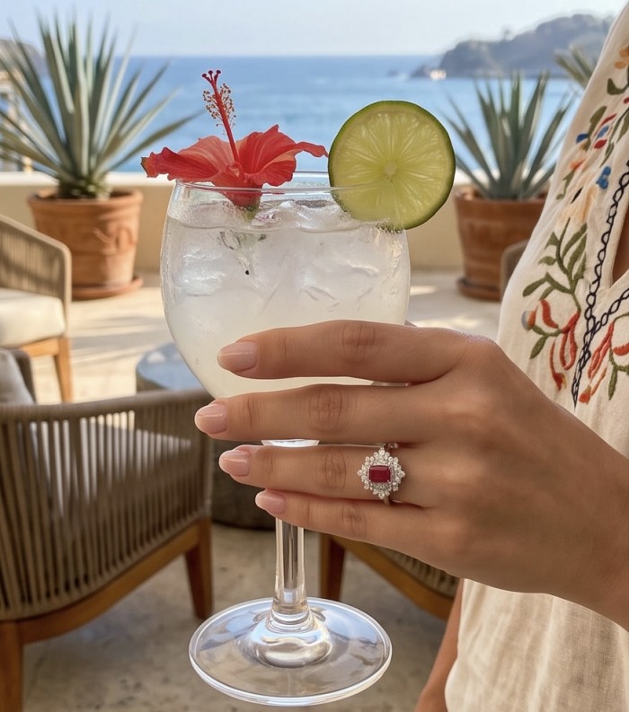 Claudia 4.5 carat Ruby .925 Sterling Silver handcrafted incredible ring s. 8 1/4 - Ruby ring on hand holding cocktail by the beach