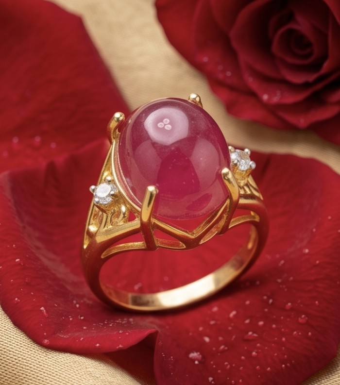 Carmen Natural 11.4 carat Kasmir Ruby .925 Sterling Silver dipped in 22K Gold handmade Statement Ring size 7 - Close-up of Carmen Kasmir Ruby ring with roses in background