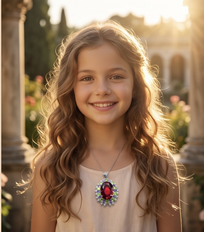 Giovanna 34.2 carat authentic Mozambique Ruby rhodium over .925 Sterling Silver handmade Pendant - Child wearing Giovanna 34.2 carat Mozambique Ruby pendant in sunlight