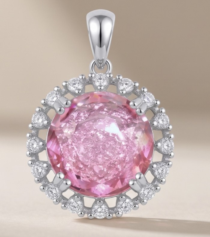 Incredible round cut 7.8 carat Pink Sapphire .925 Sterling Silver handcrafted pendant - Close-up of 7.8 carat pink sapphire pendant with diamond accents.