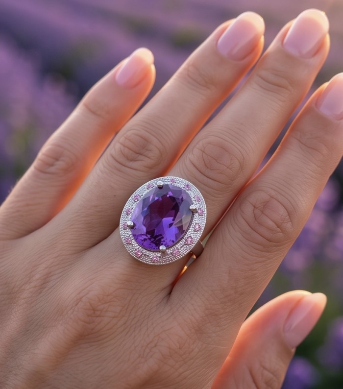 Purple Symphony 15.5 carat natural Amethyst rhodium over .925 Sterling Silver Handcrafted Ring size 8 adjustable - Amethyst ring on hand, showcasing 15.5 carat stone in evening light.