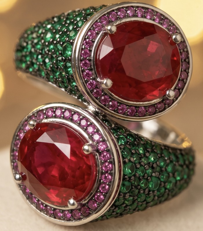Giovanna Natural 8.6 carat Ruby pave Emerald .925 Sterling Silver dipped rhodium handmade Statement Ring size 8 - Close-up of Giovanna Ruby and Emerald ring in .925 Sterling Silver