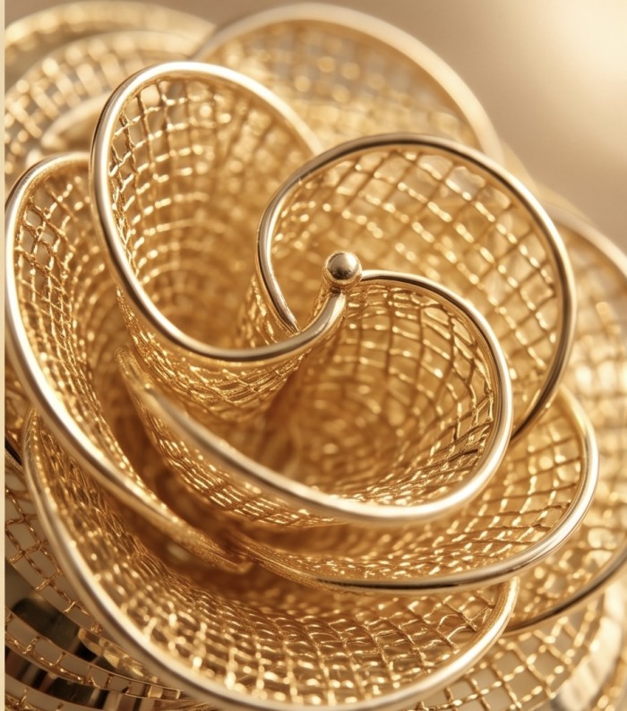 Dubai Style - .925 Sterling Silver dipped in 22K Gold handmade Earrings - Close-up of gold-dipped sterling silver jewelry with intricate mesh design.