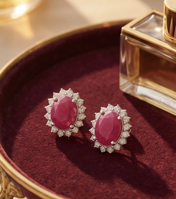 Natural 8.5 carat Mozambique Ruby .925 Sterling Silver Handcrafted Earrings - Close-up of Mozambique ruby earrings in .925 sterling silver setting.