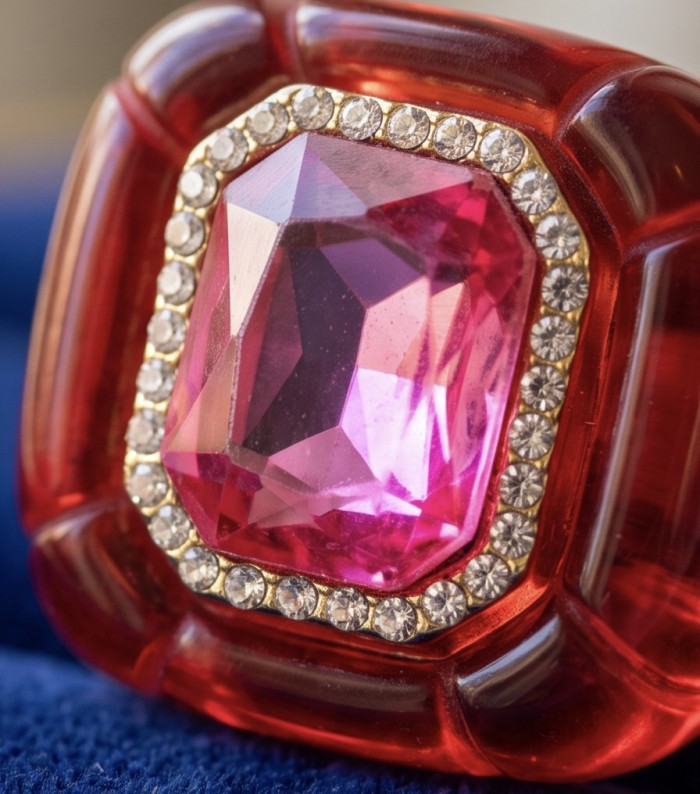Candy Store - Modern Design Natural Red Raisin Pink Topaz .925 Sterling Silver ring size 7 3/4 - Stone close-up of modern red resin with pink topaz ring.