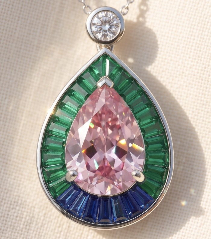 Emily - Art Deco - Precious genuine 10.2 carat Kunzite rhodium over .925 Sterling Silver handcrafted necklace - Close-up of Art Deco pendant with Kunzite and multicolored gemstones.