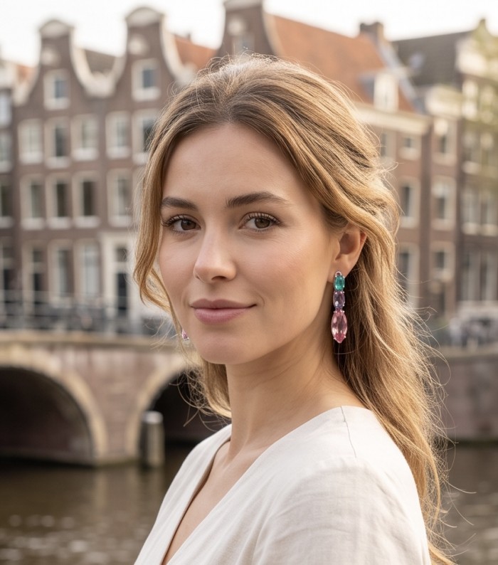 Tiffany - authentic marquise cut 12.7 carat Pink Sapphire .925 Sterling Silver handcrafted Earrings - Woman wearing Tiffany 12.7 carat pink sapphire earrings, side view.