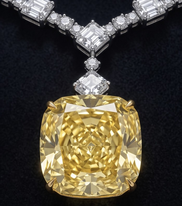 Iconic design - RARE BEAUTY - Valentina 108.2 carat asscher cut Yellow Sapphire .925 Sterling Silver dipped in rhodium Statement Necklace - Close-up of Valentina 108.2 carat yellow diamond necklace detail