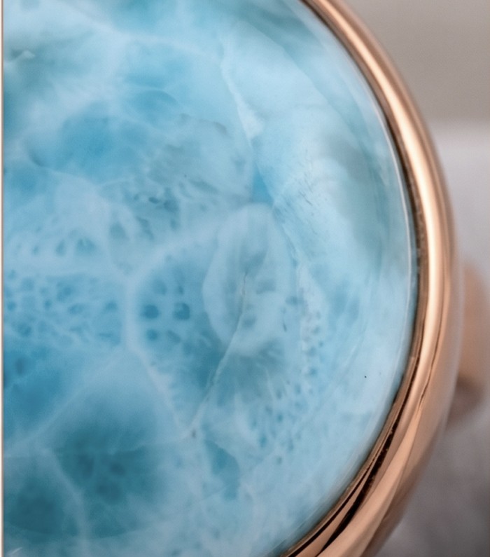 Perfection 22.9 carat Blue Larimar 22K Rose Gold over .925 Sterling Silver handmade ring size 8 adjustable - Close-up of 22.9 carat Blue Larimar in 22K Rose Gold setting.
