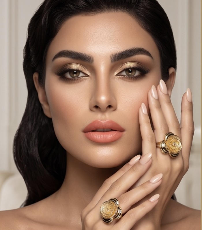 GOLDEN ROSE- Dubai Style - .925 Sterling Silver dipped in 22K Gold handmade Large ring size 6 - Model wearing GOLDEN ROSE rings, close-up on face and hands.
