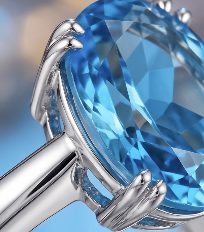 Atlantica 22.8 carat Swiss Blue Topaz .925 Sterling Silver dipped in rhodium handcrafted ring size 7 1/4 - Stone close-up of Atlantica 22.8 carat Swiss Blue Topaz in silver setting