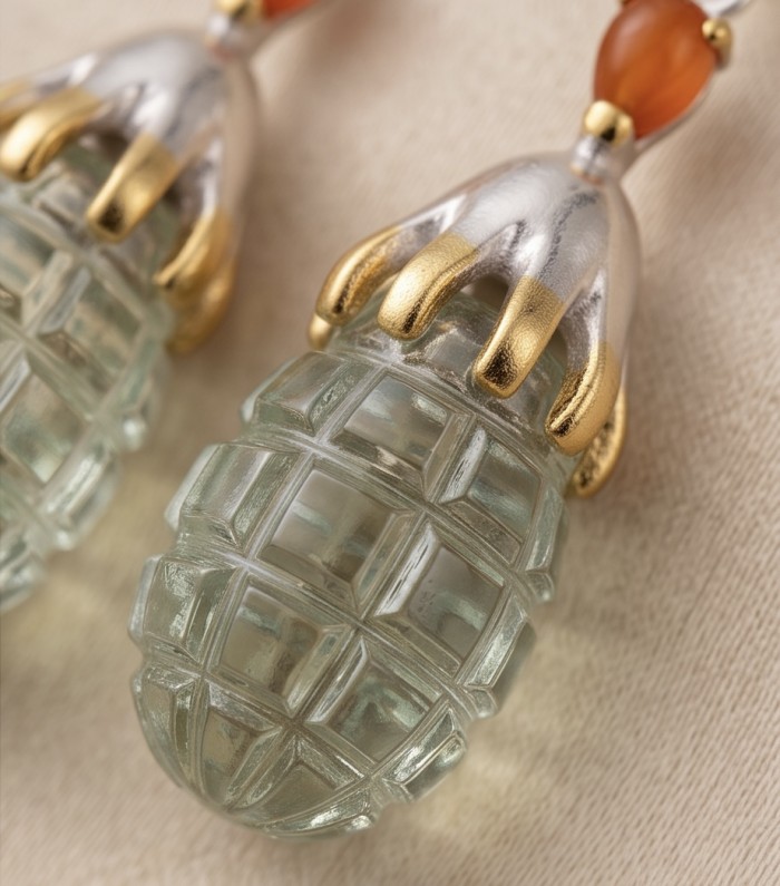 Corn on the cob - 20.2 carat carved Green Amethyst 2 tones .925 Sterling Silver dipped in Rhodium Handcrafted Statement earrings - Close-up of green amethyst corn jewelry with gold and silver accents.