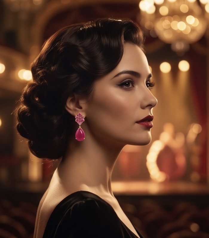 Giovanna - Magnificent Jewel - 24.2 carat Kashmir Ruby .925 Sterling Silver dipped in 22K Gold handcrafted incredible Statement earrings - Side view of woman wearing Giovanna Kashmir Ruby earrings