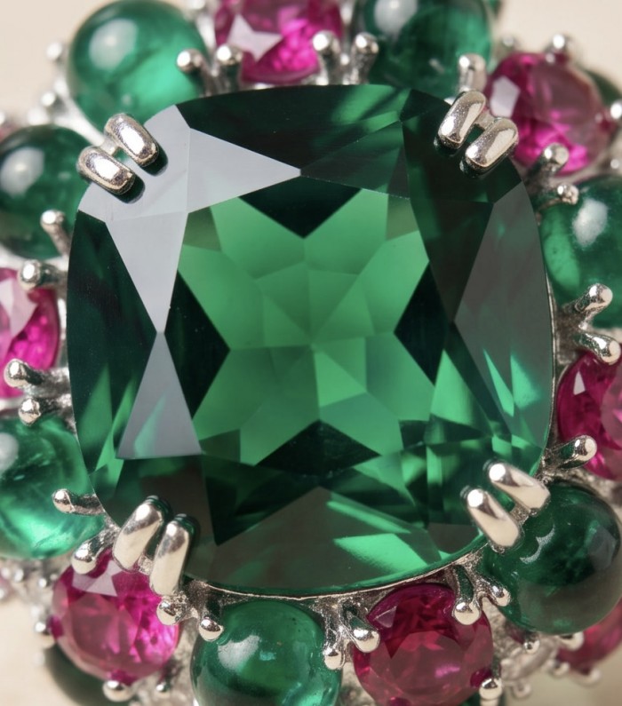 Iconic design - Natural 41.5 carat carved Emerald Ruby Sapphire rhodium over .925 Sterling Silver handcrafted ring size 7 1/4 - Close-up of green emerald with ruby and sapphire accents in a floral design