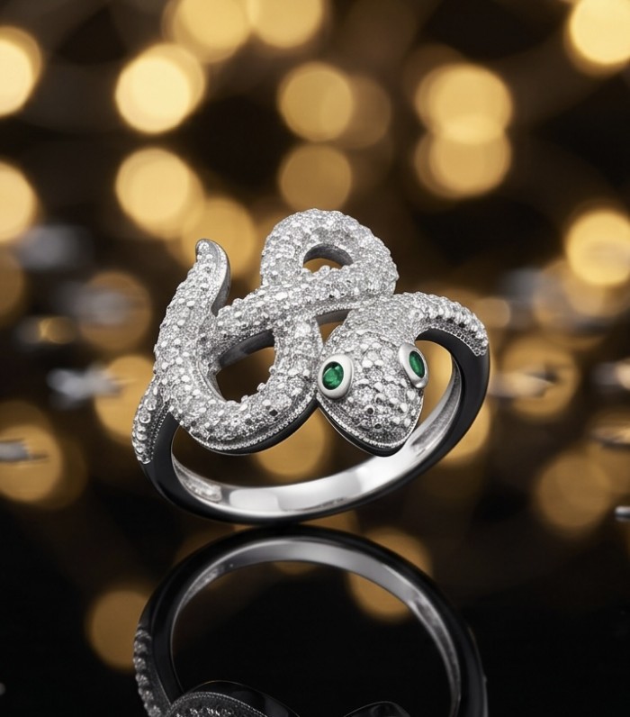 Precious Boa Snake Genuine Emerald White Topaz .925 Sterling Silver handcrafted Ring s. 8 - Snake ring with emerald eyes on black, white topaz stones sparkle