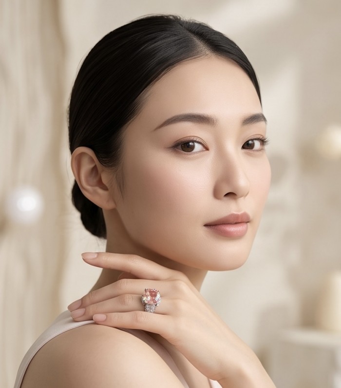 Authentic emerald cut 12.2 carat volcanic Morganite 14K White Gold over .925 Sterling Silver ring s. 6 - Side view of cushion cut Morganite ring worn on hand