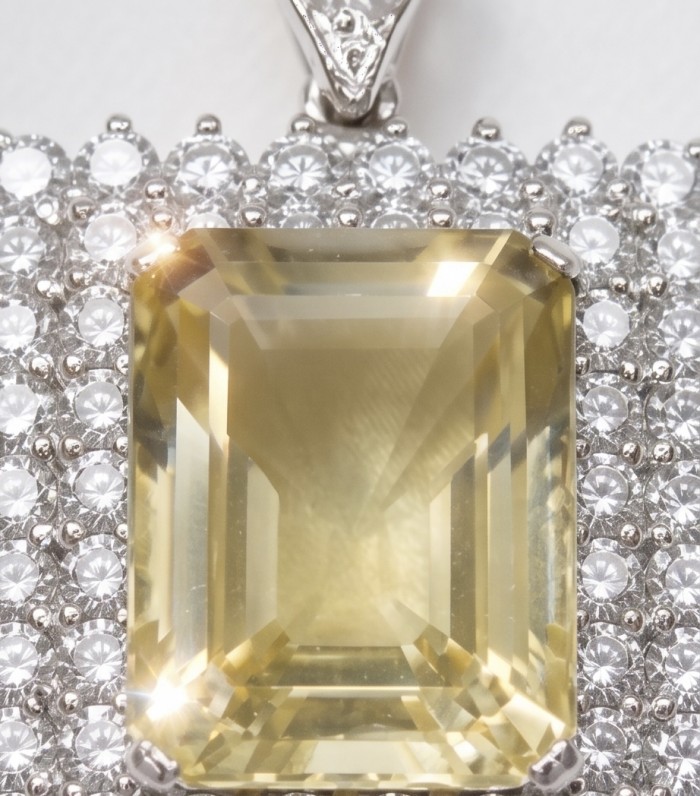Luxury genuine 25.5 CARAT emerald cut Champagne Topaz .925 Sterling Silver dipped in rhodium handmade Pendant - Stone close-up of luxury 25.5 carat emerald cut champagne topaz pendant