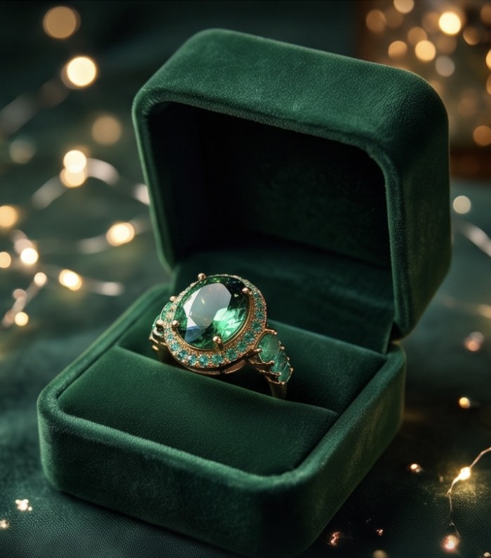 Elizabeth oval cut 12.8 carat top quality Colombian Emerald .925 Sterling Silver dipped in 22K Gold handcrafted Ring size 6 - Emerald ring in open velvet box with festive lights in background.