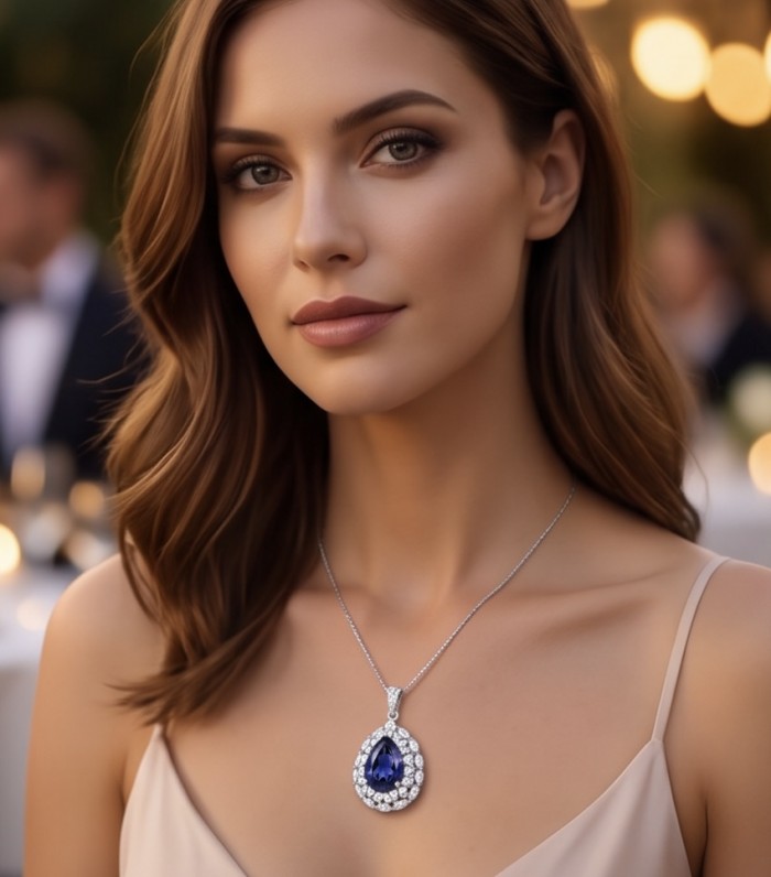 Handcrafted - authentic 15.8 carat African Kyanite .925 Sterling Silver dippedin rhodium handmade necklace - Woman wearing a handcrafted African Kyanite necklace at an event.