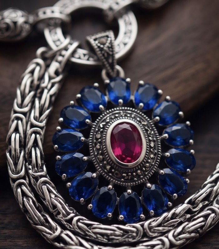 Luxurious 21.5 carat natural Mozambique Ruby .925 Sterling Silver .925 Sterling Silver Statement Necklace - Close-up of Mozambique ruby pendant with blue stones, silver chain detail.