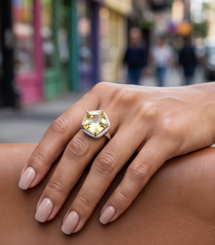 SunRise 9.8 carat Lemon Quartz rhodium over .925 Sterling Silver handcrafted Statement .925 Sterling Silver handcrafted ring size 8 - Lemon Quartz ring worn on hand, showcasing 9.8 carat stone and setting.