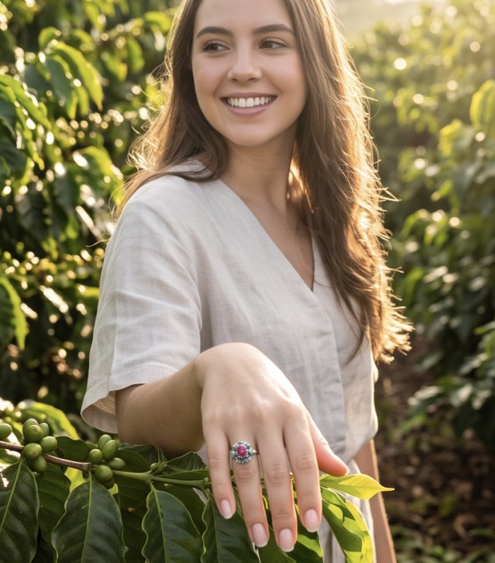 Scarlett 7.7 ctw Mozambique Ruby .925 Sterling Silver handcrafted Statement Ring size 8 - Ruby ring on hand amid green leaves, side view.