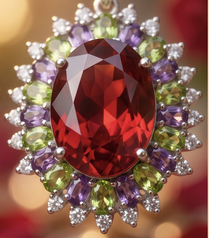 Giovanna 34.2 carat authentic Mozambique Ruby rhodium over .925 Sterling Silver handmade Pendant - Close-up of a ruby pendant with colorful gemstone halo.