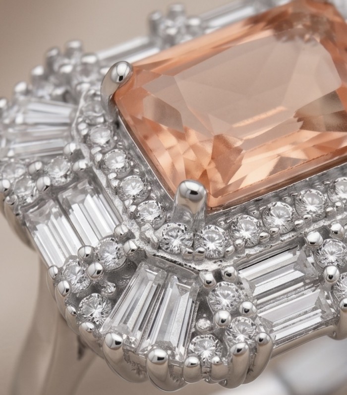 Isabella Authentic emerald cut 4.8 carat Morganite .925 Sterling Silver ring s. 6 1/4 - Close-up of Isabella Authentic emerald cut morganite ring detail