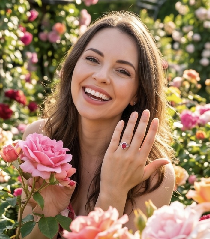 Bella Rosa Genuine 5.5 CARAT Ruby rhodium over .925 Sterling Silver Statement Ring size 8 - Woman wearing Bella Rosa 5.5 carat ruby ring, smiling in rose garden.
