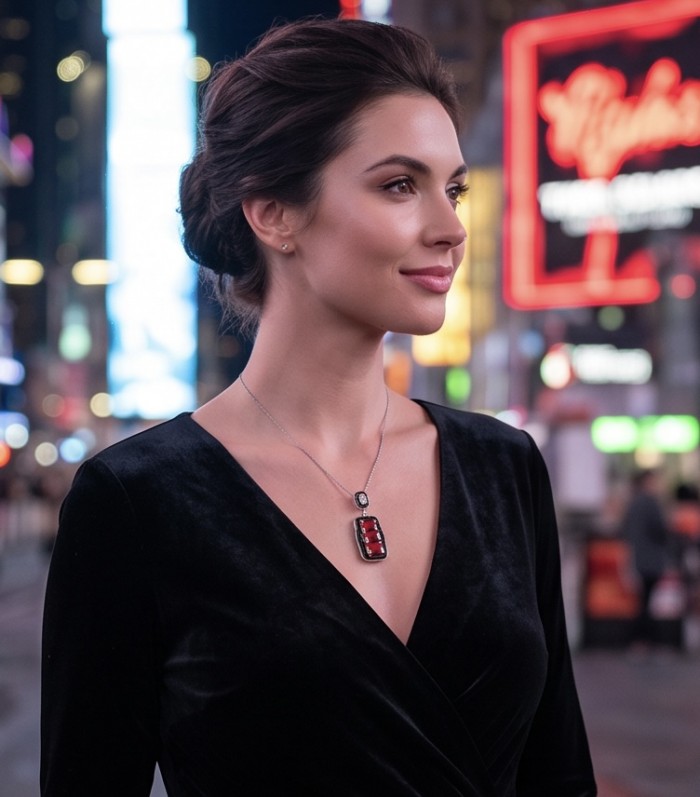 Art Deco - Bella Rosa Genuine 5.8 carat Ruby .925 Sterling Silver dipped in rhodium Statement brilliantly handcrafted Pendant - Necklace worn on woman with 5.8 carat ruby, nighttime city background.
