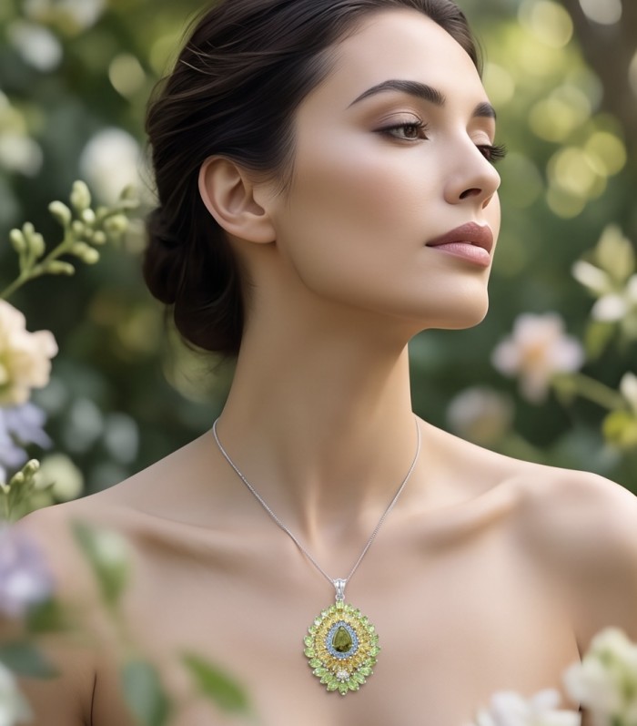 Blooming Garden 29.9 carat authentic Himalayan Peridot rhodium over .925 Sterling Silver Handcrafted Statement pendant - Model wearing Blooming Garden Himalayan Peridot necklace in garden setting.