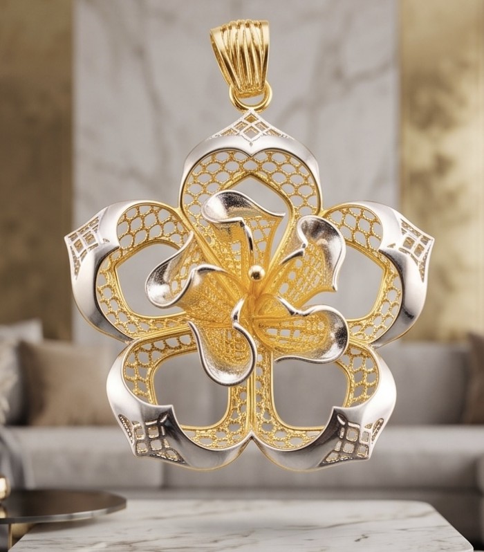 Dubai Style - Golden Rose .925 Sterling Silver dipped in 22K Gold handmade Pendant - Front view of golden rose pendant, intricate lattice design