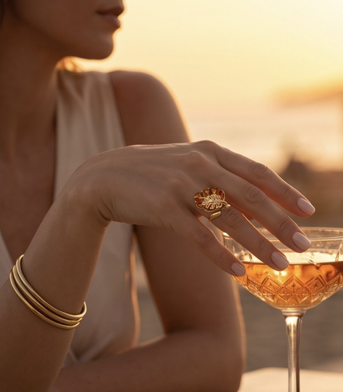 Golden Leaf Authentic Golden carved Baltic Amber .925 Sterling Silver entirely handcrafted ring; s. 6 adjustable - Golden Leaf Baltic Amber ring worn on hand at sunset, side view.