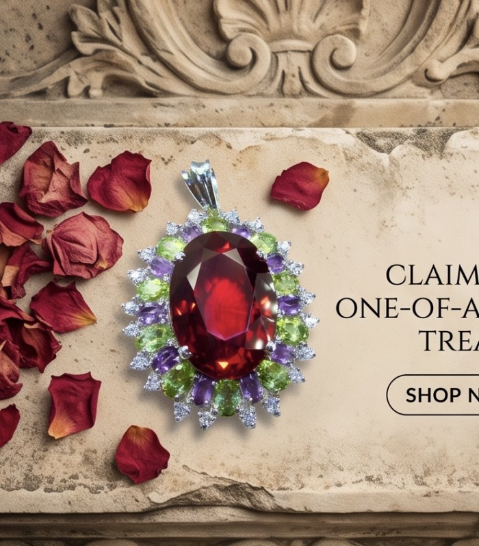Giovanna 34.2 carat authentic Mozambique Ruby rhodium over .925 Sterling Silver handmade Pendant - Close-up of Giovanna ruby pendant with intricate gemstone border.