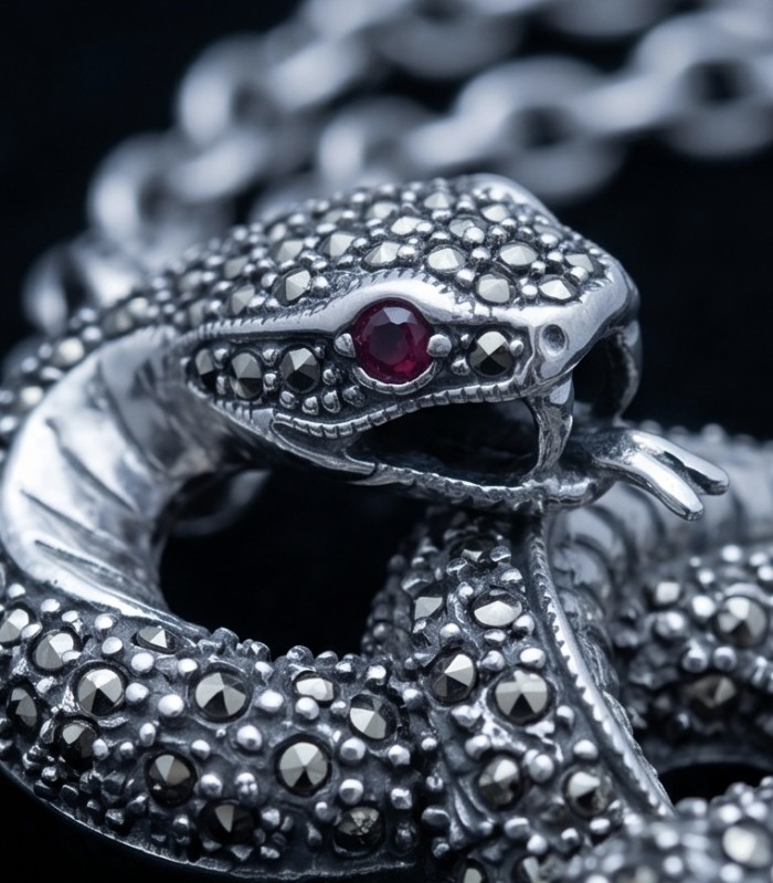 Large 2 5/8 inches long Cobra Snake genuine Marcasite .925 Sterling Silver handmade Pendant - Close-up of cobra snake marcasite jewelry with red gemstone eye