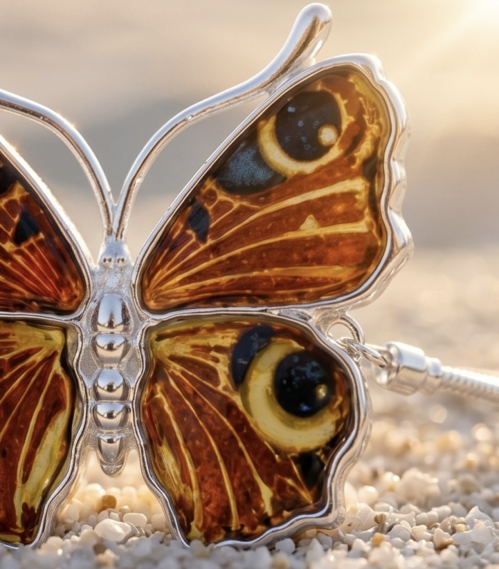 Golden Butterfly Genuine carved Baltic Amber .925 Sterling Silver handamde Bracelet - Close-up of golden butterfly carved amber in silver setting on sand.