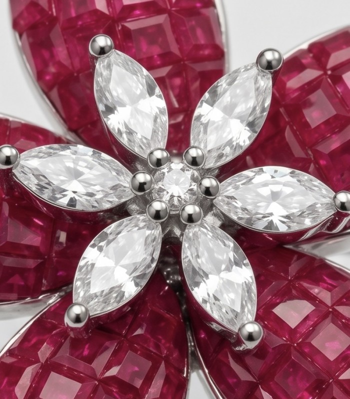 Born to Glam authentic 4.2 carat Ruby rhodium over .925 Silver handcrafted Ring s. 8 - Ruby and diamond floral brooch close-up, rhodium over .925 Silver.