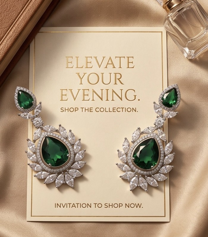 Magnificent Jewel 15.5 carat Colombian Emerald .925 Sterling Silver dippedin Rhodium handcrafted earrings - Emerald earrings on card, front view, with crystals and engraving details.