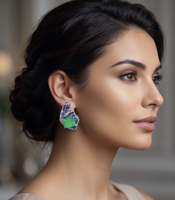 Valentina 12.2 carat Colombian Emerald .925 Sterling Silver dipped in rhodium Statement handcrafted earrings - Side view of woman wearing Valentina 12.2 carat Colombian Emerald earring