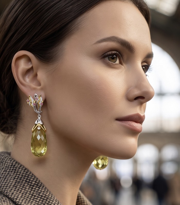 Victoria Authentic 28.8 carat Brazilian Citrine rhodium over 2 tones .925 Sterling Silver brilliantly handcrafted LARGE Statement earrings - Side view of Victoria Authentic 28.8 carat Brazilian Citrine earrings worn
